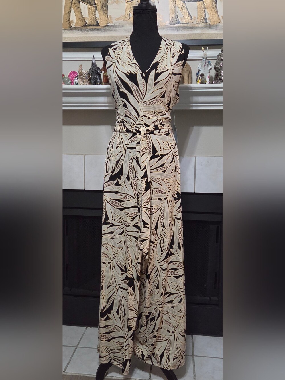Jessica London Black Maxi Jumpsuit with Cream Leaf Print